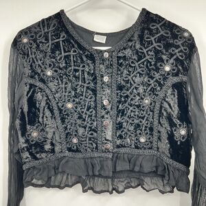 VTG Boho Hippie Fairy Goth Whimsical Velvet Button Jacket Embroidery Sheer